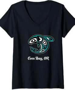 Womens Coos Bay Oregon Native American Tribal Orca Killer Whale V-Neck T-Shirt