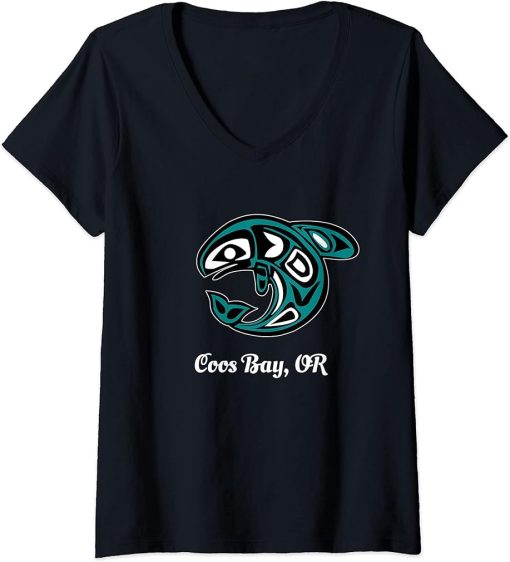 Womens Coos Bay Oregon Native American Tribal Orca Killer Whale V-Neck T-Shirt