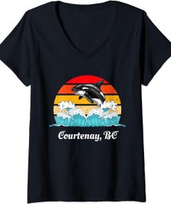 Womens Vintage Courtenay BC Distressed Orca Killer Whale Art V-Neck T-Shirt