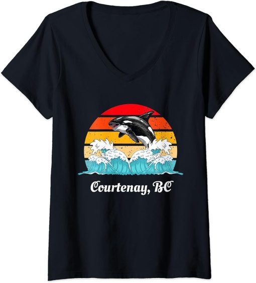 Womens Vintage Courtenay BC Distressed Orca Killer Whale Art V-Neck T-Shirt