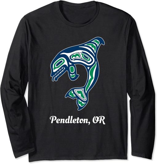 Blue Green Native American Pendleton OR Orca Killer Whale Long Sleeve T-Shirt