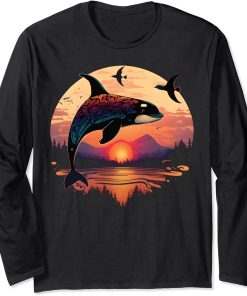 Colourful mystical orca whale watching dolphin pottwhale orca whale Long Sleeve T-Shirt