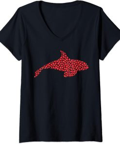 Womens Orca Fish Lover Heart Shape Orca Valentine"s Day V-Neck T-Shirt